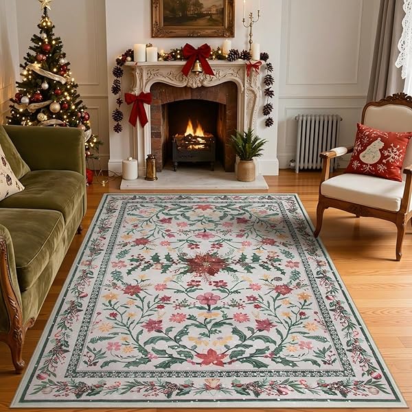 LAHOME 5X7 CHRISTMAS RUG FOR LIVING ROOM, BOHO SOFT RUGS FOR BEDROOM DECOR AESTHETIC, WASHABLE HOLLY BERRIES AREA RUG FOR DINING ROOM FIREPLACE APARTMENT RUSTIC DECOR