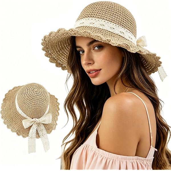 Women Sun Hat Wide Brim Straw Hat with Lace Ribbon Packable Floppy