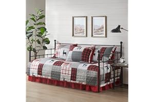 WOOLRICH JOHN RICH & BROS. Woolrich Daybed Cover Set - Cabin Lifestyle, Patchwork with Moose Design All Season, Lightweight and Breathable Cozy Bedding Layer with Bedskirt, Matching Shams, 39" W x 75" L, Woodshed Red 5 Piece