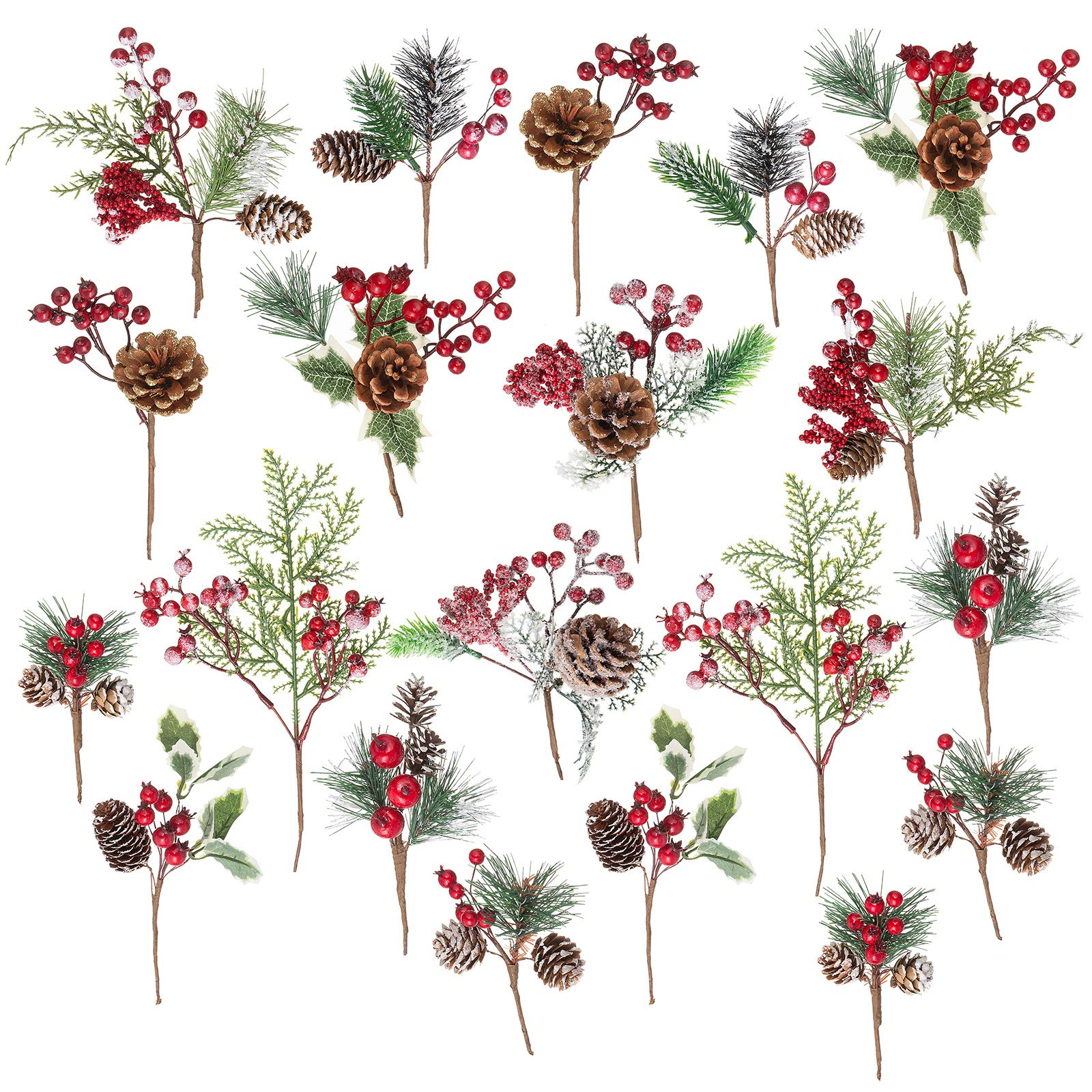 Photo 1 of Crafare 20 Pack Artificial Christmas Tree Picks Assorted Red Berry Pine Picks Spray with Pinecones Apples Holly Leaves Winter Holiday Season Déco
