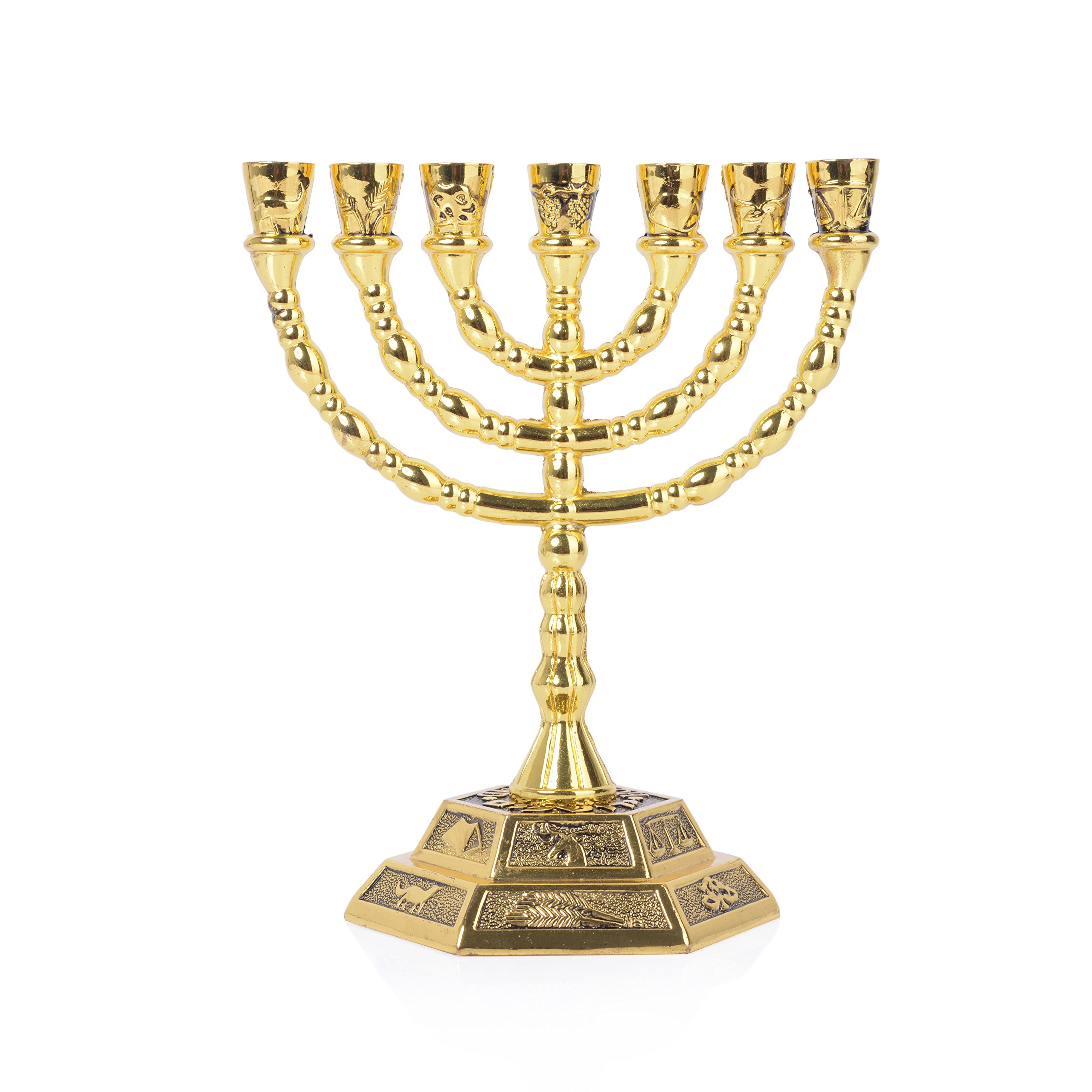 BRTAGG Menorah 7 Branch, 12 Tribes of Israel, Jerusalem Temple Jewish Candle Holder (13cm, Gold)