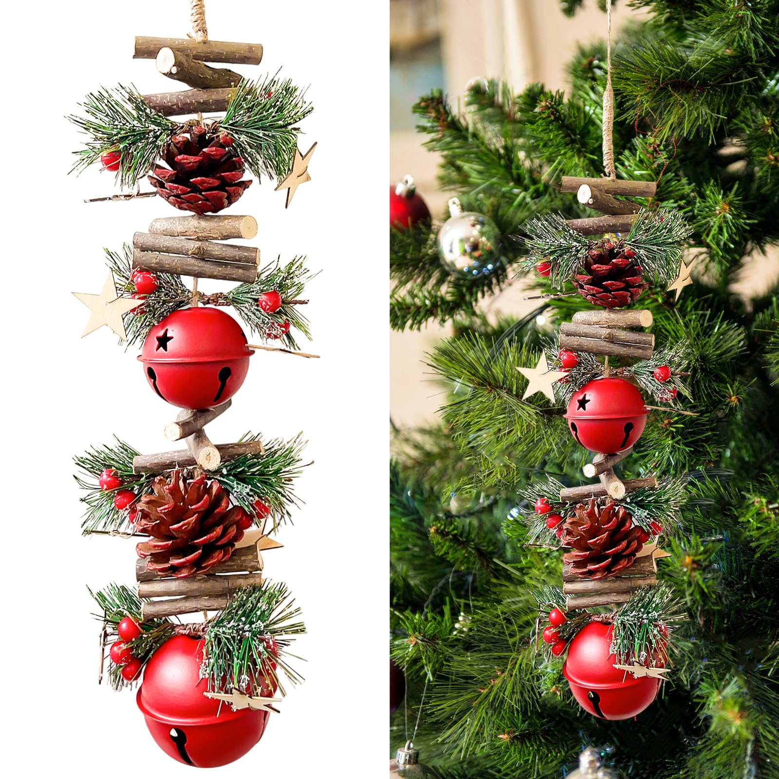 Photo 1 of 23.6 Inches Christmas Pinecone and Bell Hanging Garland Decoration, Rustic Wood Stick and Pine Leaf Garland with Bells, Holiday Ornament for Door Wall Fireplace, Indoor Outdoor Xmas Decor (Red)