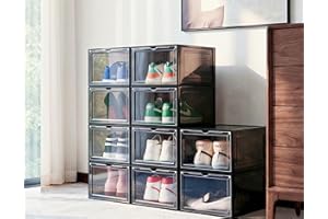 JECCICHY 10 Pack Black Shoe Storage Boxes Stackable, Plastic Shoe Boxes with Lids, Sneaker Storage, Transparent, Thick Hard, 