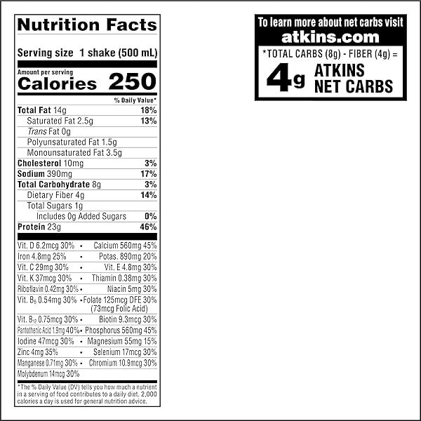 ATKINS CREAMY CHOCOLATE MEAL SIZE PROTEIN SHAKE, 23G PROTEIN, LOW GLYCEMIC, 4G NET CARB, 1G SUGAR, KETO FRIENDLY, 12 COUNT