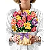 Freshcut Paper Pop Up Cards, Festive Tulips, 12 Inch Life Sized Forever Flower Bouquet 3D Popup Greeting Card, Birthday Cards, Thank You Card, Blank Notecard & Envelope