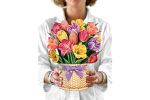 Freshcut Paper Pop Up Cards, Festive Tulips, 12 Inch Life Sized Forever Flower Bouquet 3D Popup Greeting Card, Birthday Cards, Thank You Card, Blank Notecard & Envelope