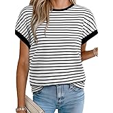 Acelitt Women’s Short Sleeve Knit Tops 2025 Trendy Crewneck Striped T Shirts Casual Summer Blouses Outfits