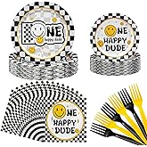 Umigy 96 Pcs One Happy Dude Birthday Party Decorations One Happy Dude Tableware Smile Face Party Supplies for 24 Guests Smile Plates Cups Napkins Forks for 1st Birthday