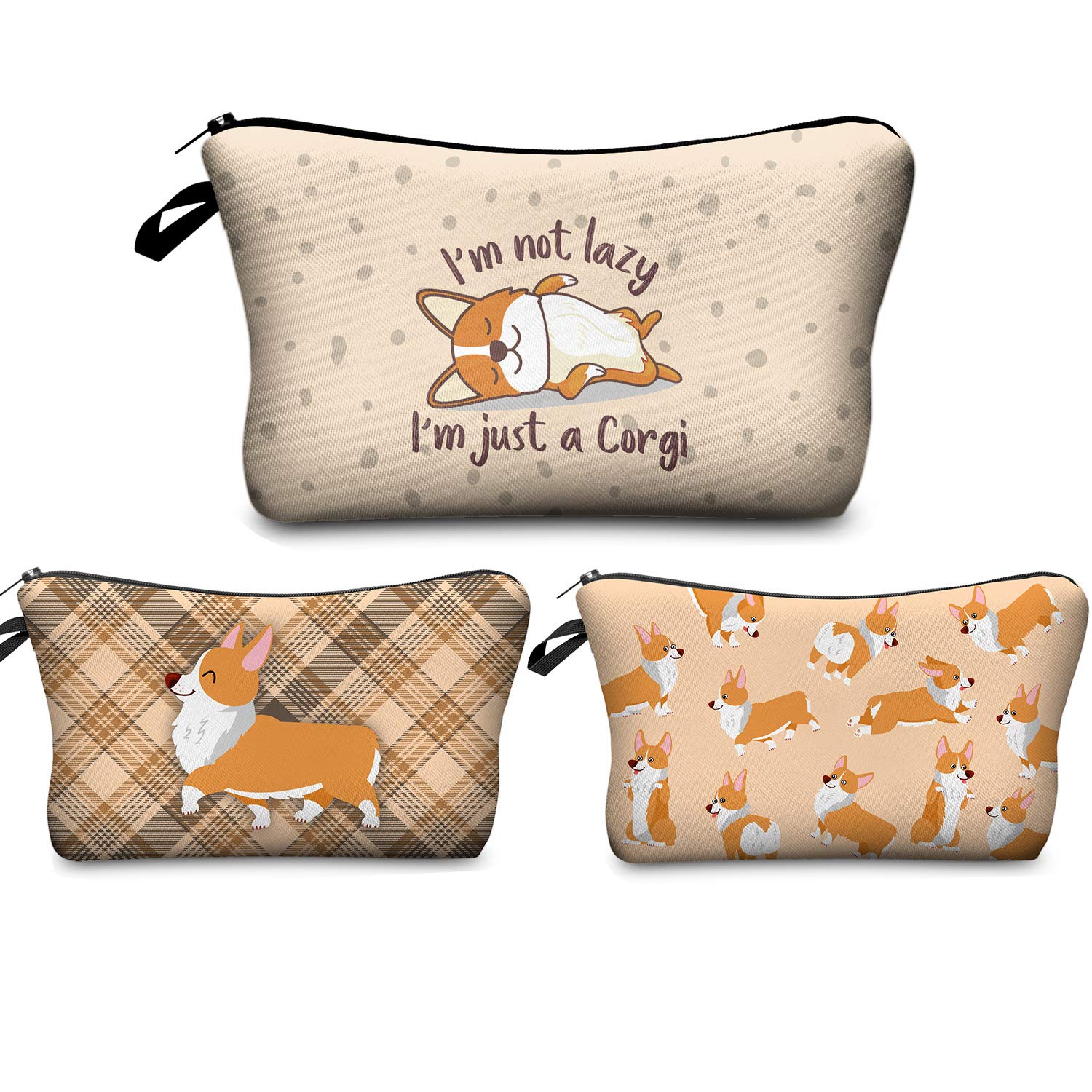 Makeup Bag Funny,Corgi Dogs Travel Small Cosmetic Bags Organizer for Women Multifunction Handbag Toiletry Storage Pouch Waterproof Purse,Set of 3