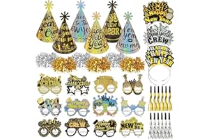 HOWAF New Year Eve Party Supplies 2026, Happy New Years Decorations Party Favors, Include 2026 New Year Glaasses Headband Tiara Top Hats Fringed Noisemaker, Glittery NYE Party Supplies