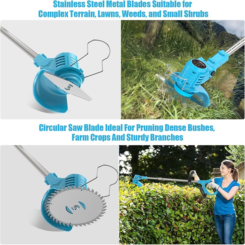 Desbrozadora Bateria 21V, Desbrozadora Electrica con 2 Baterías 2.0Ah, 2 Tipos de Metal Cuchillas Cortabordes Bateria, Tijeras de Podar, Desbrozadora Inalámbrica Cabeza Ajustable para Jardín (Azul)
