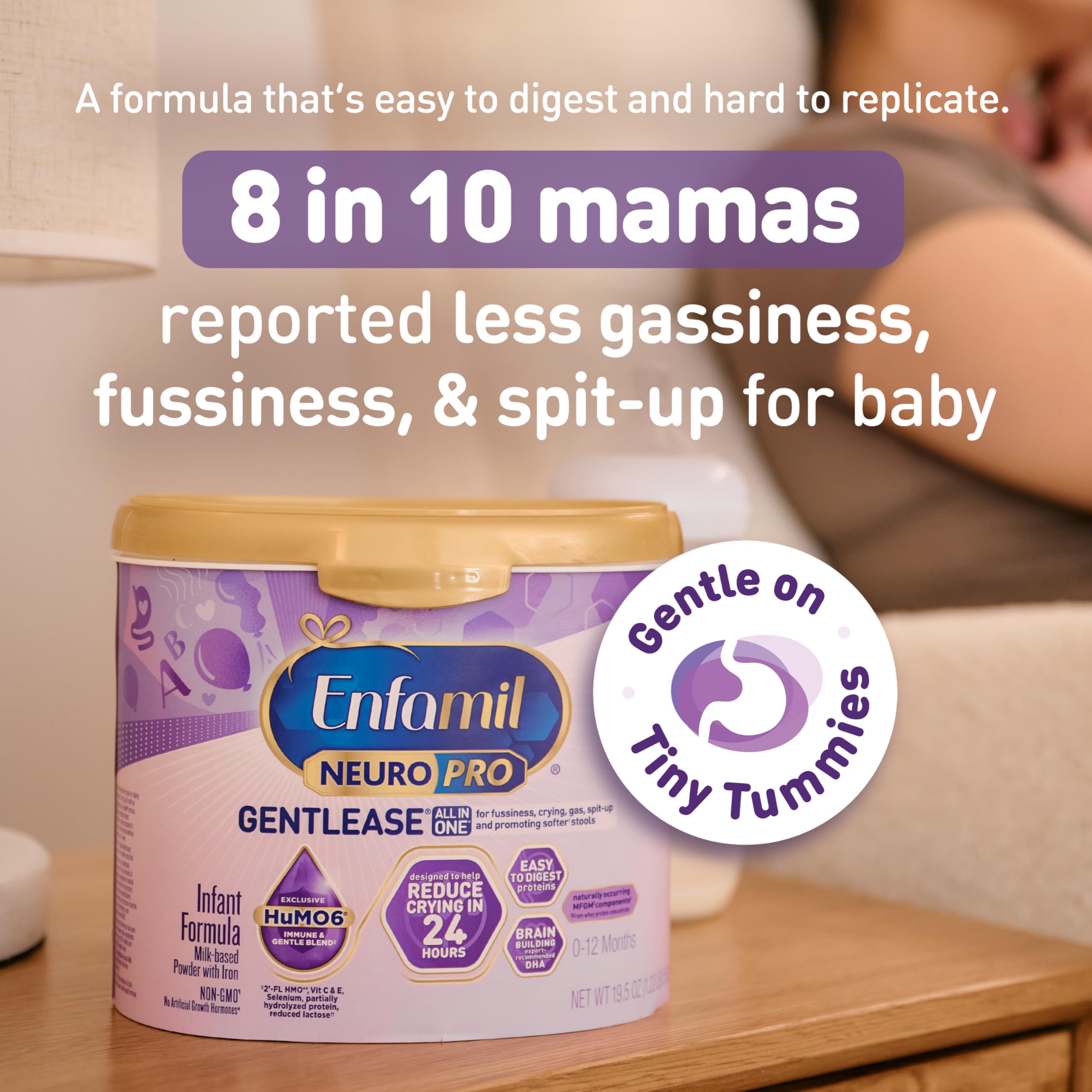 Enfamil NeuroPro Gentlease Baby Formula, Brain Building DHA, HuMO6 Immune Blend, Designed to Reduce Fussiness, Crying, Gas & Spit-up in 24 Hrs, Baby Milk, 19.5 Oz, Pack of 4