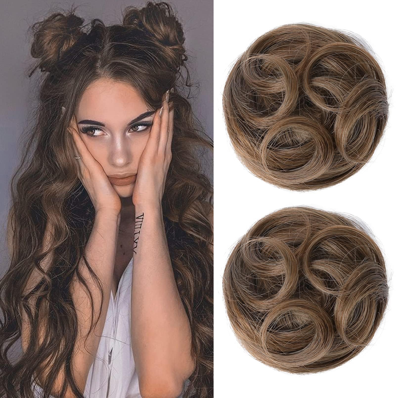 REECHO 2 PCS Mini Claw Clip in Messy & Cat Ears Hair Bun Extensions Wig Accessory Updo Hairpieces for Women Girls (Pack of 2-3.5" Wavy, Ginger Brown)
