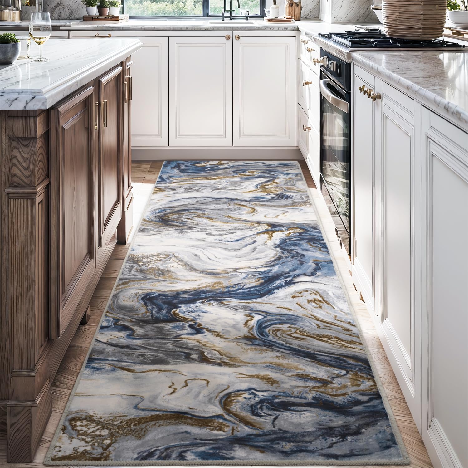 Photo 1 of 2x6 Runner Rug for Hallways Kitchen Modern Abstract Washable Runner Rug Blue Soft Non Slip Marble Carpet Runner for Laundry Entryway Bedroom Bathroom