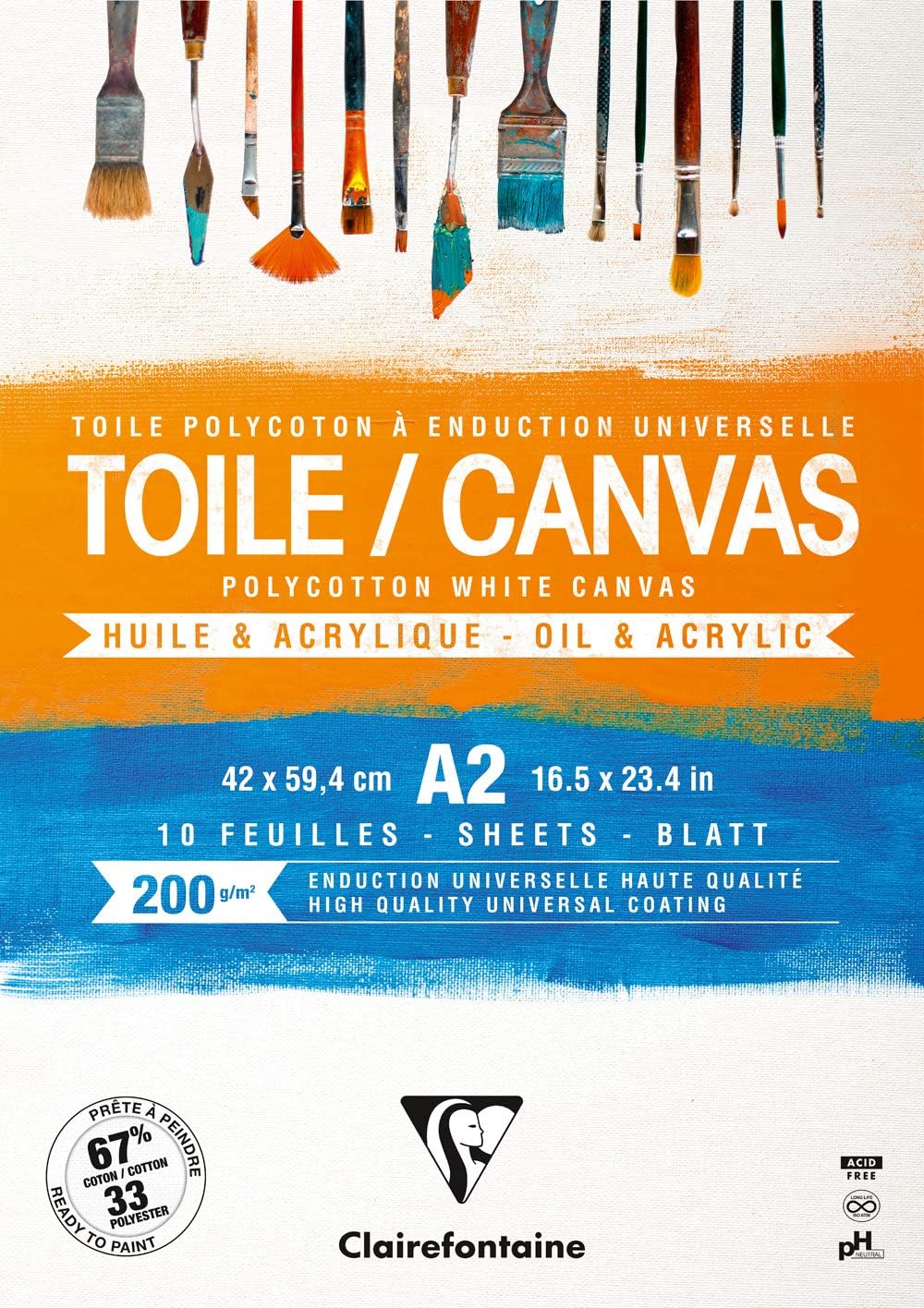 Clairefontaine, Ref 975209C, Ready to Paint Canvas Pad (10 Sheets), A2 Sized, 200gsm Paper, Acid Free, pH Neutral, White