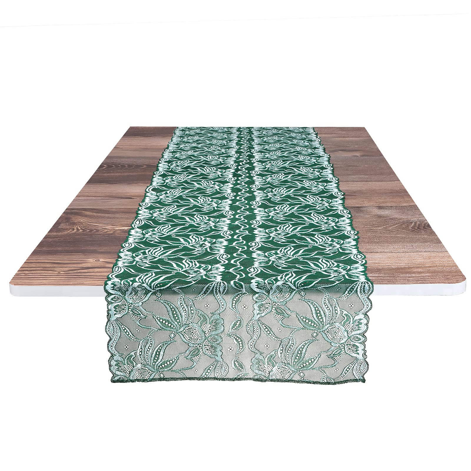 mookaitedecor 13x70 Inch Green Floral Lace Table Runner, Embroidered Vintage Elegant Rectangular Festive Table Runner for Wedding Dinner Party Coffee Table Christmas Living Room Home Decor