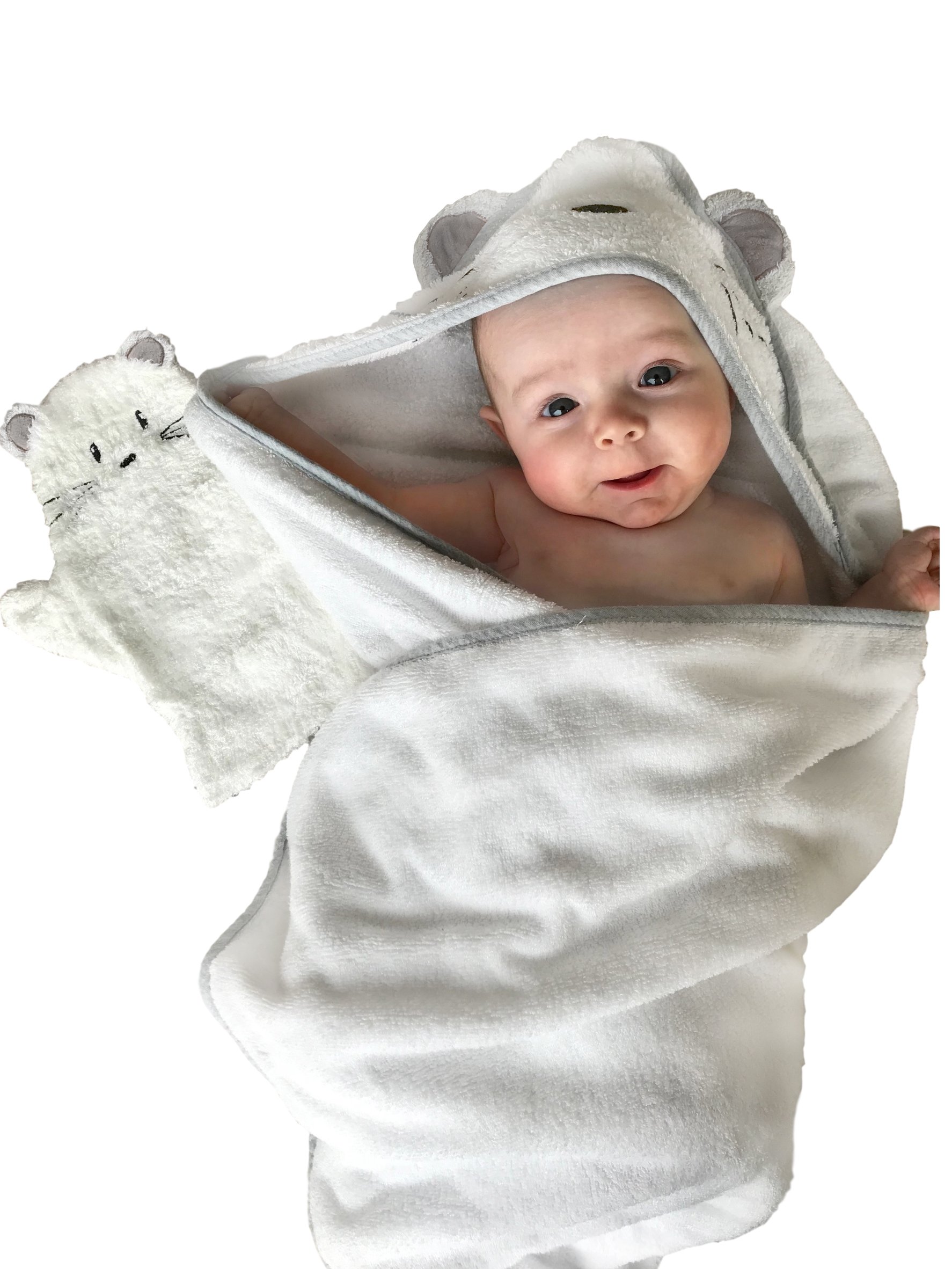 Baby Hooded Towel Gift Set | Organic Bamboo Extra Large 90cm x 90cm Mouse and Matching Mitten | Ultra Soft and Thick (500gsm) | Certified Organic - Best for Newborn Sensitive Skin, Eczema |For Newborn to Toddlers to Kids of 5 Years | Perfec