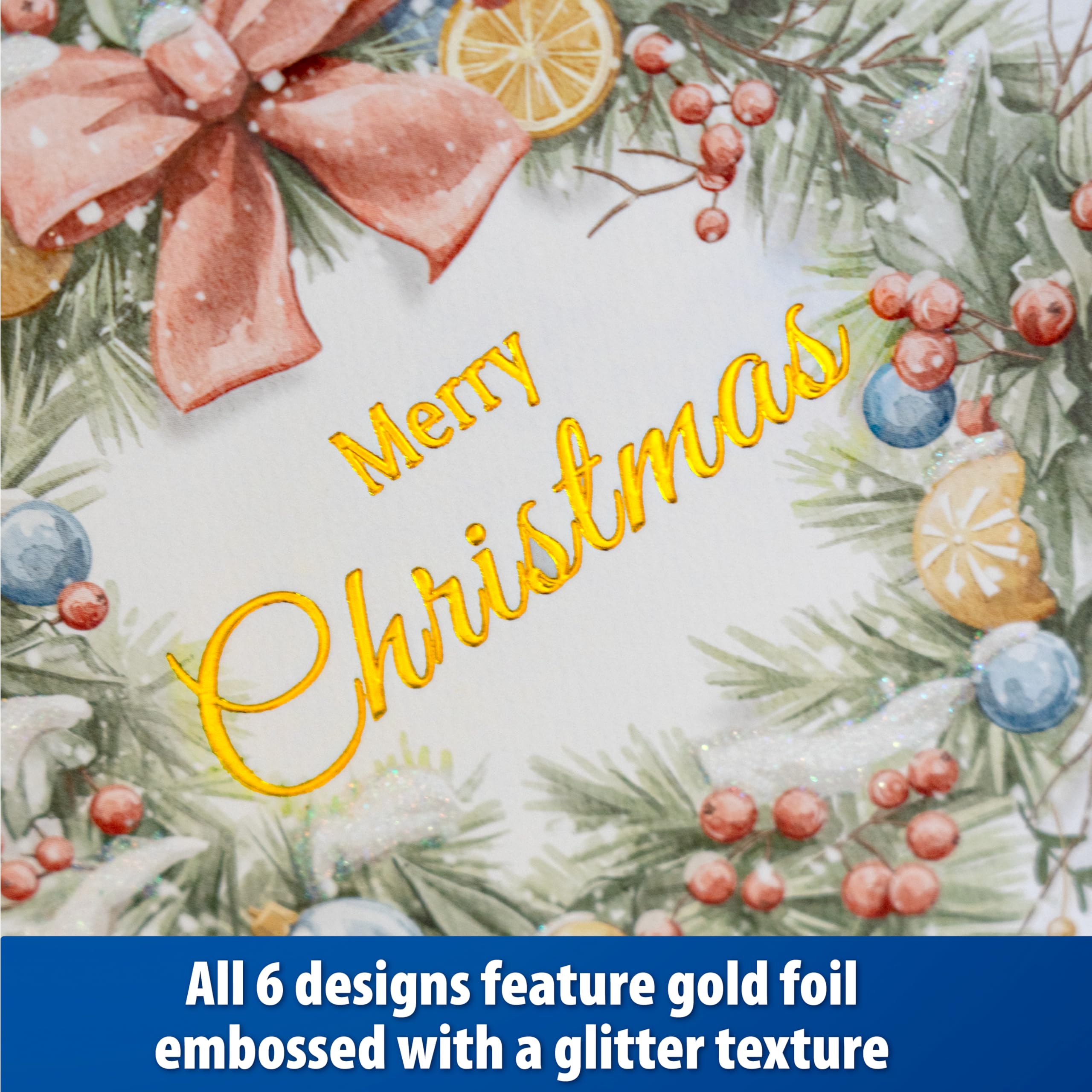 24 Christmas Cards Assortment, Festive Gold Foil Glitter Watercolor Bulk Xmas Cards with Envelopes & Messages - 6 Patterns, 4 3/4