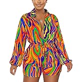CaniBtr Women's Sexy Long Sleeve Rompers Deep V Neck Elastic Waisted Printed Shorts Jumpsuits One Piece Outfit
