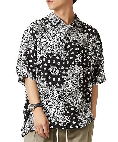 Amazon 開襟シャツ 半袖 メンズ ペイズリー柄 シャツ レーヨン