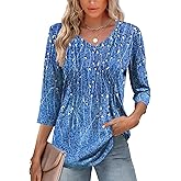 Romanstii Shirts for Women 2026 Spring 3/4 Length Sleeve Womens Tops Dressy Casual Pleated Blouses V Neck Tee Shirts S-3XL