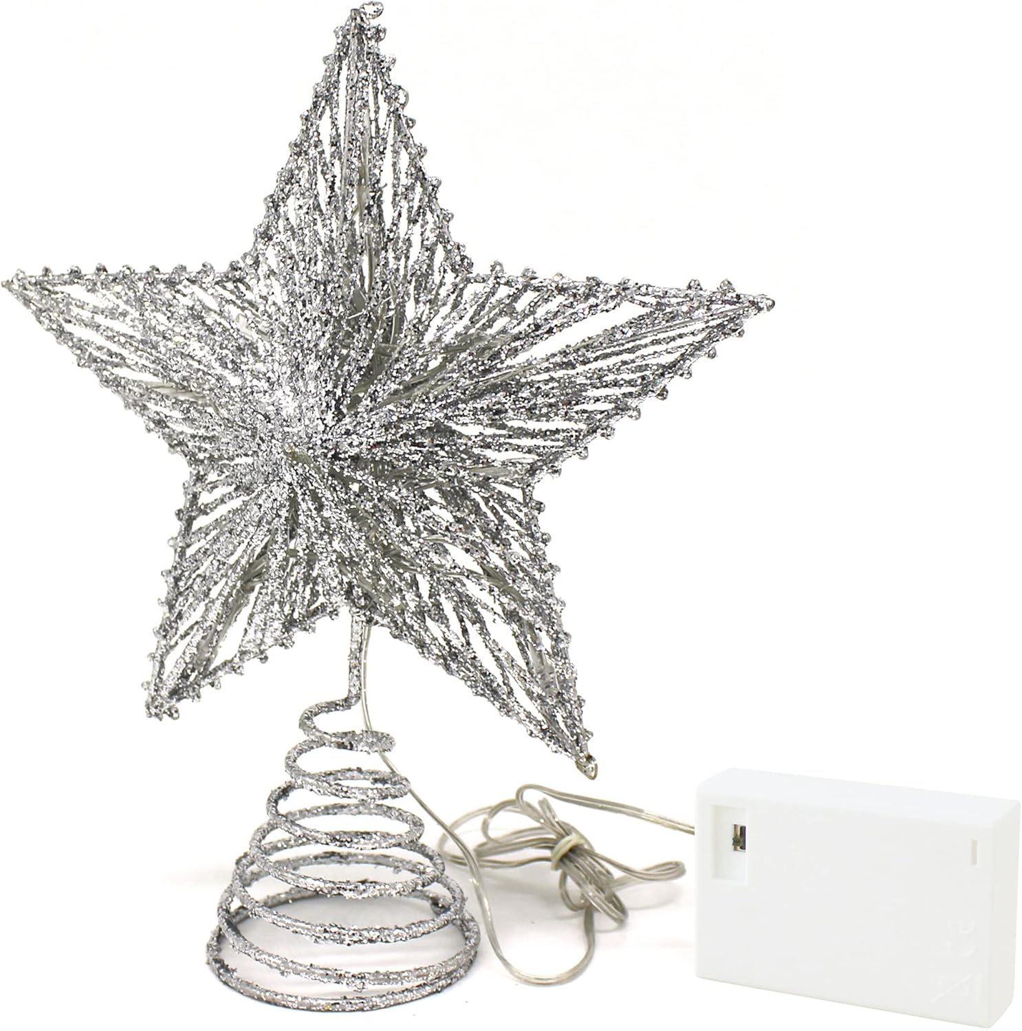 Tree Toppers - CVHOMEDECO. Silver Glittered 3D Tree Top Star with Warm White LED Lights and Timer for Christmas Tree Decoration and Holiday Seasonal Décor, 8 x 10 Inch