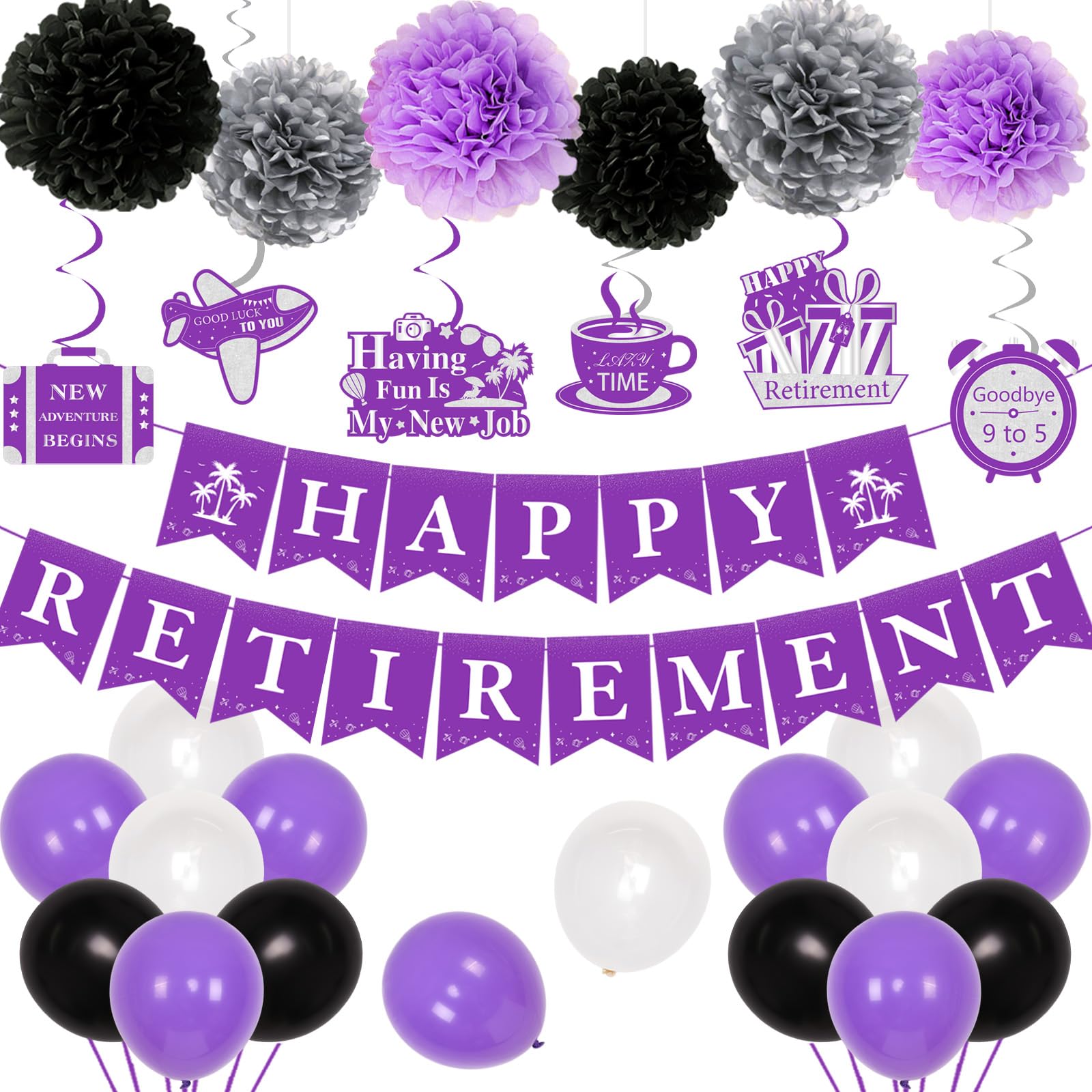 JOYMEMO 29Pcs Retirement Party Decorations Purple for Women, Happy Retirement Banner Sash Hanging Swirls Paper Pom Poms and Balloons, Party Decorations Supplies