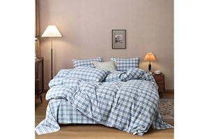FREIUOKE Blue Grid Duvet Cover 100% Washed Cotton Duvet Cover,Luxury Soft Bedding with Zipper Closure.Solid Color Pattern Duvet Cover Full Size 1 Piece（80x90 Inch）