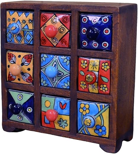 Stylla London Traditional Indian Ceramic Hand Painted 9 Drawer