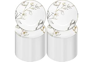 150 Pcs White Plastic Plates with Gold Floral Antique Design, 7.5 Inch Round Disposable Dinner Plates Heavyweight Dessert Pla