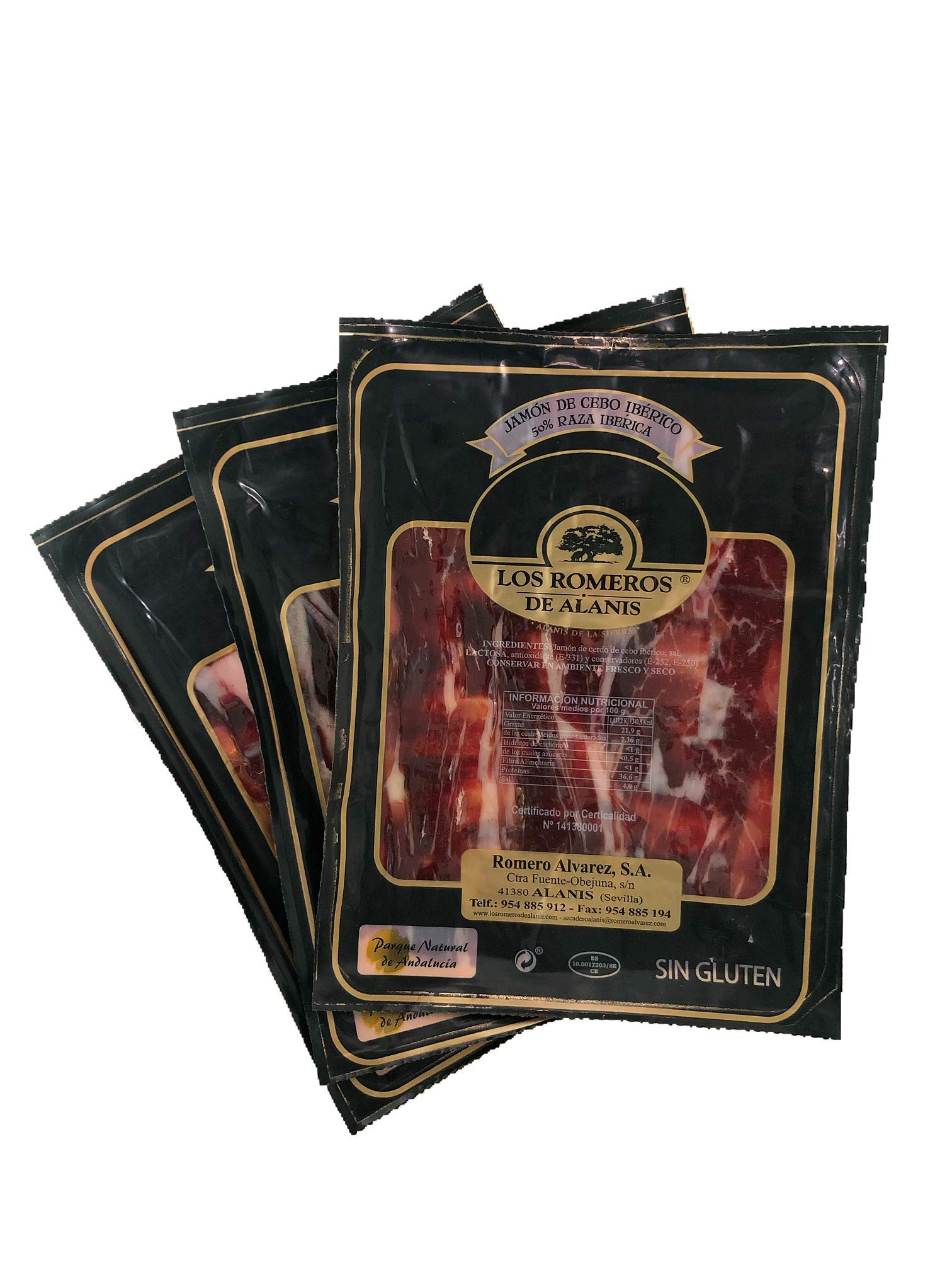 Sliced ??50% Iberian Cebo Ham - Los Romeros de Alanís | Pack 3 X 100 gr of Sliced ??Iberian Breed Ham | 100% Guaranteed Quality