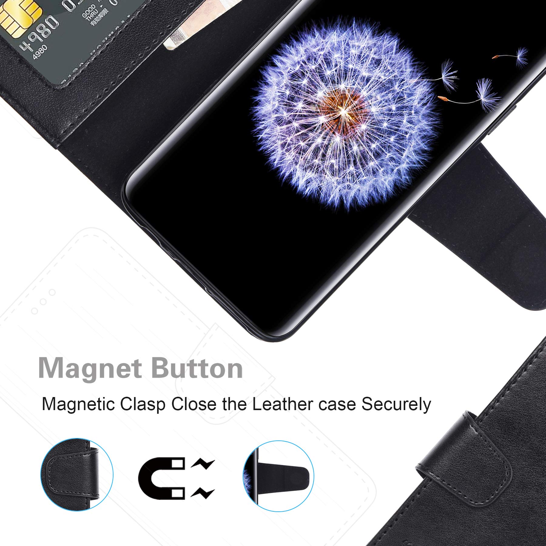 Galaxy S9 Case, Arae [Kickstand Feature] PU leather wallet case with [3-slots] ID&Credit Cards Pocket for Samsung Galaxy S9 - black