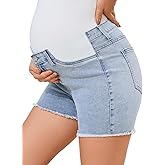 PACBREEZE Women's Maternity Mid-Rise Stretch Denim Shorts Trendy Soft Frayed Hem Pregnancy Shorts, S-XXL
