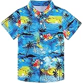 RAISEVERN Boys Button Down Shirts Hawaiian Cartoon Print Slim-Fit Short Sleeve Cool Dress Shirt Cute Top for Kids(2-10T)