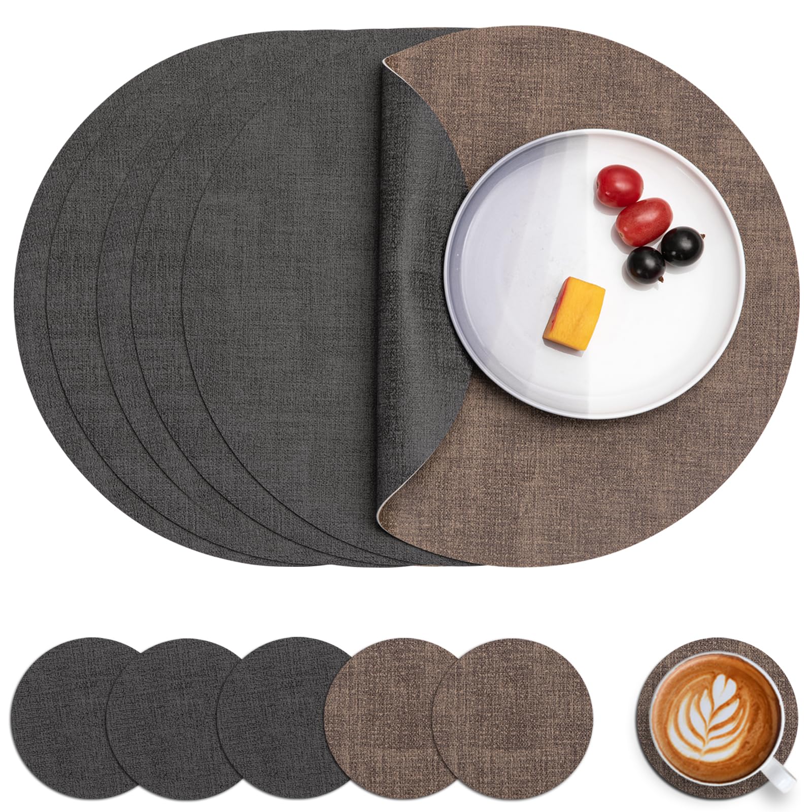 Myir JUN Leather Placemats and Coaster Set of 6, Table Mats Round Waterproof Dual Sided Kitchen Place Mats Coffee Mats Heat Resistant Placemat Non-Slip Washable (set of 6, Grey Coffee)