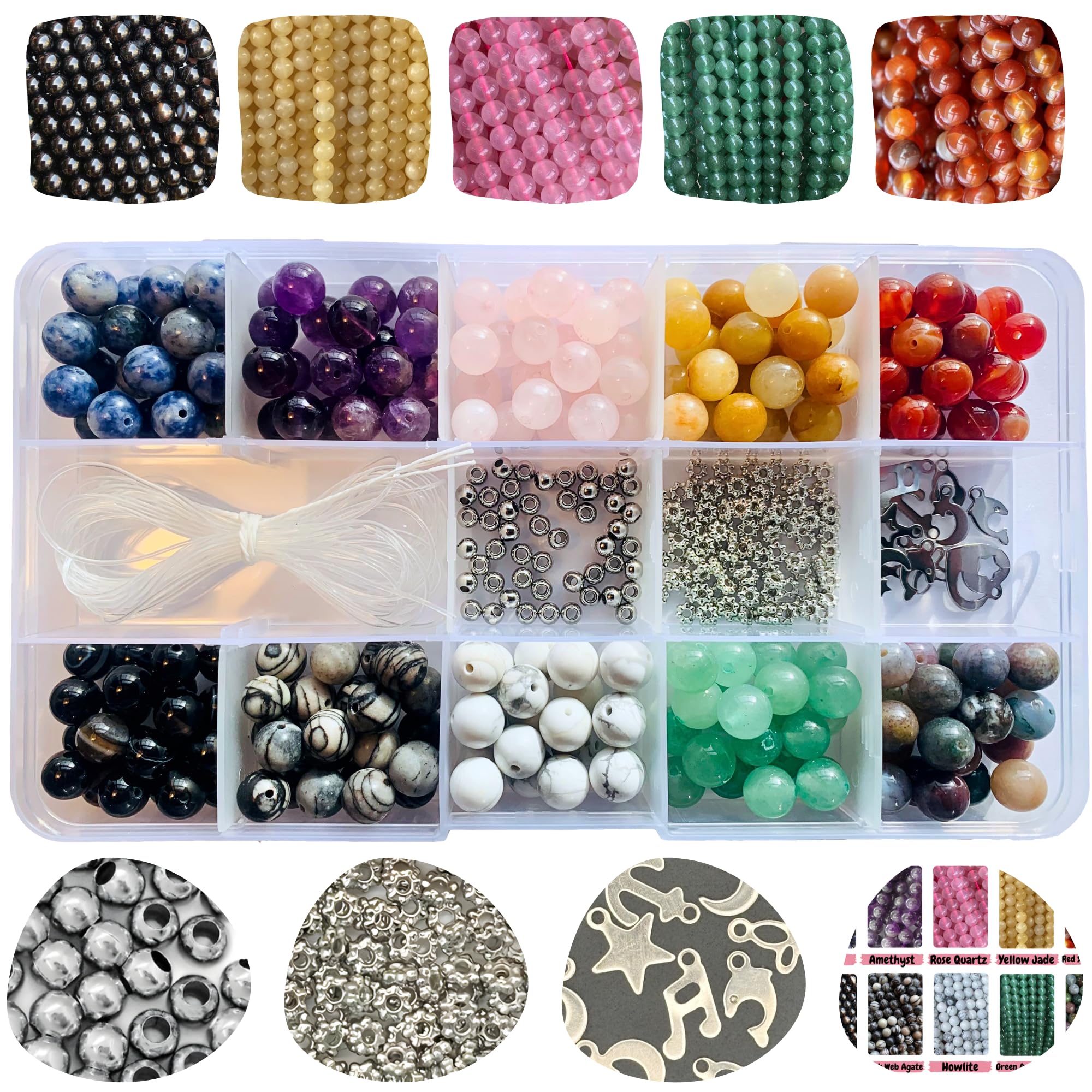 Hessle Cliff Crystal Beads Jewellery Making Kit, 8mm Round Natural Crystal Beads for Bracelet Making, DIY Gemstone Jewellery Bead Kit with Charms, Spacer Beads & Elastic Cord