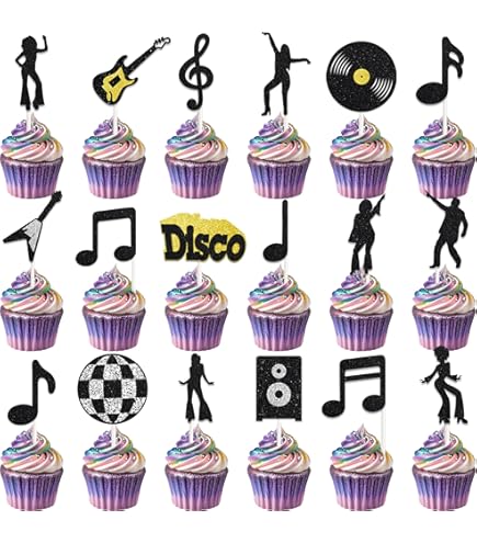 Lot De 24 Décos Cupcakes Disco Dansantes Années 70 – Thème Musique, Anniversaire, Mariage, Fête Rétro