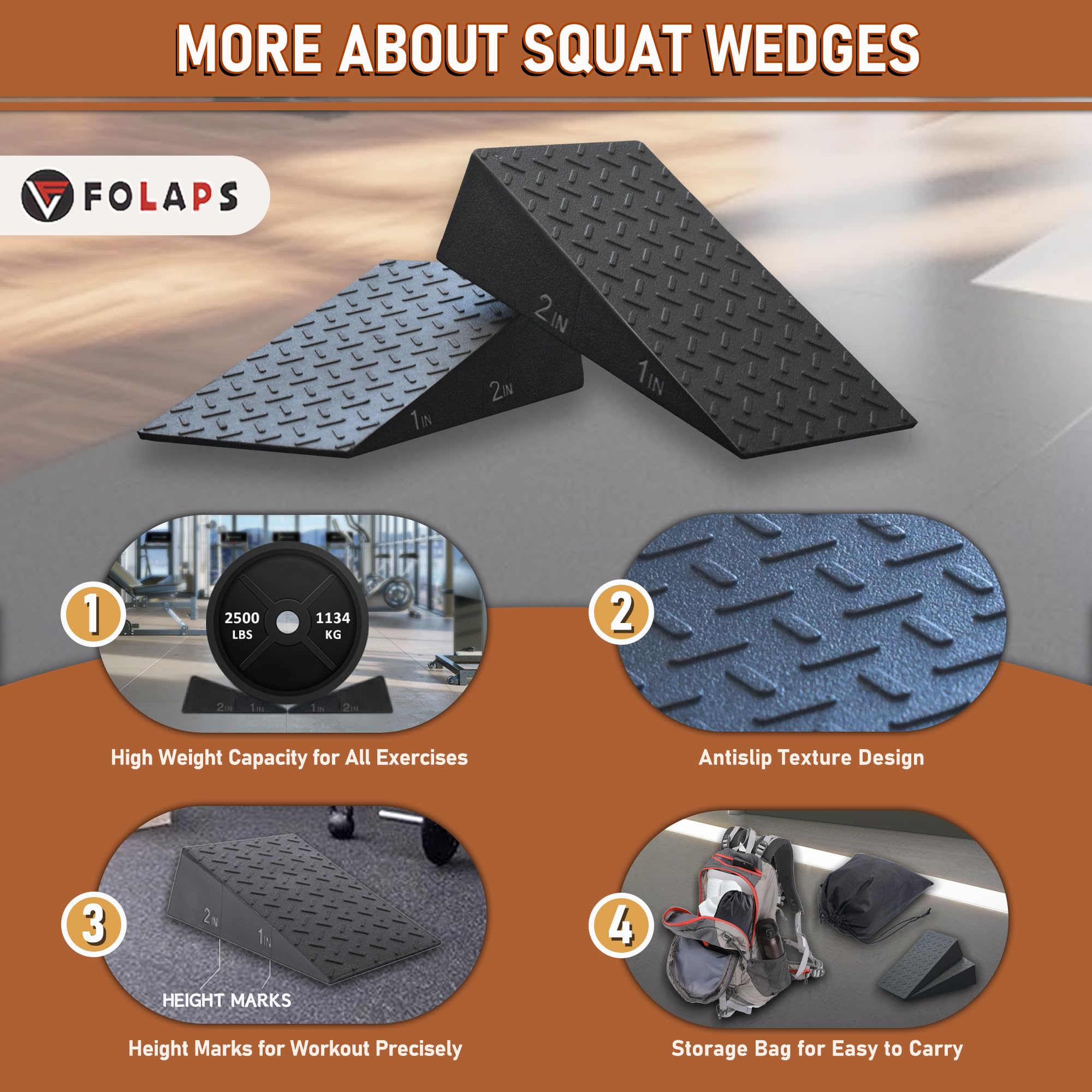 Folaps Squat Wedge Block for Heel Elevated Squat Weightlifting Calf Stretcher Slant Board for Mobility Balance and Strength Performance