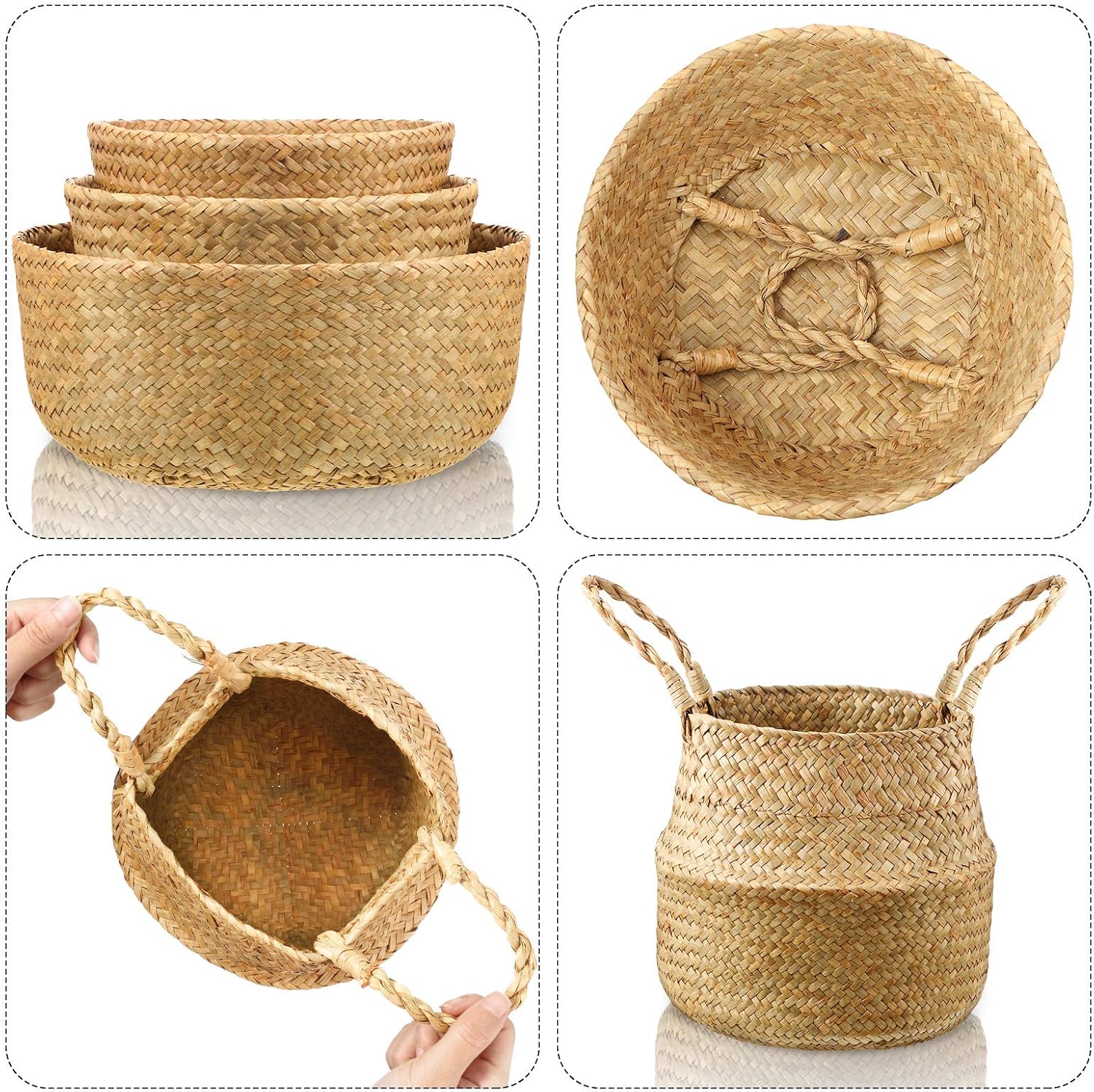Set of 3 Pieces Woven Seagrass Belly Basket, Hand Woven Belly Basket for Storage Plant Pot Basket Laundry, Picnic - Image 4