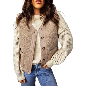 EVALESS Womens Colorblock Round Neck Fleece Vest Sleeveless Sherpa Jackets | Warm Cozy Contrast Clothing For Fall 2026，Soft F