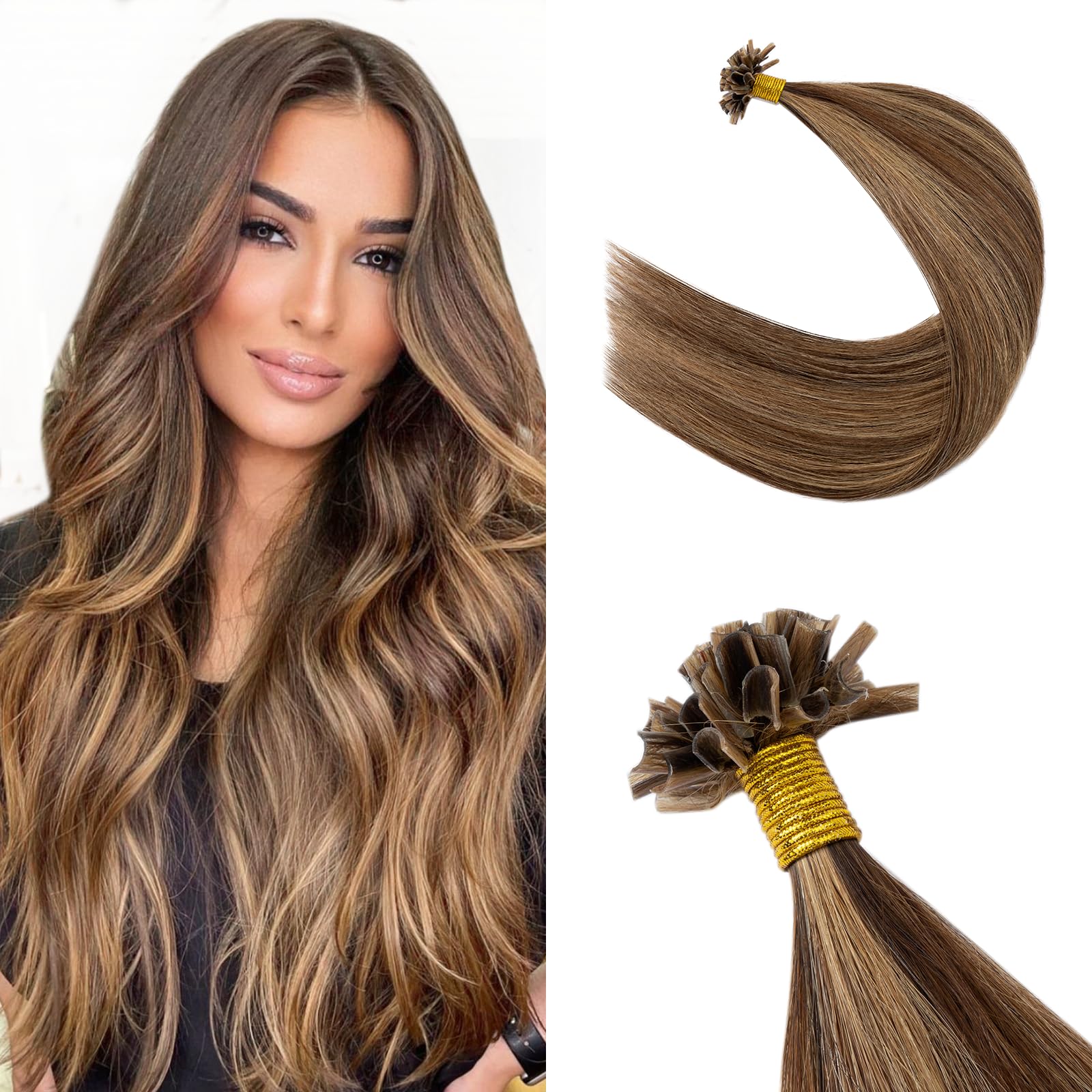 Silk-co U Tip Pre Bonded Hair Extensions Strands Keratin Nail Tip Straight Human Hair Extensions U tip Real Remy Hair 50 Strands Keratin Nail Til 16"-50g #4P27 Medium Brown&Dark Blonde — image 1