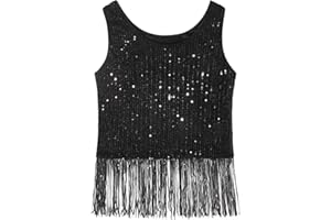 Noomelfish Girls Sequin Fringe Crop Tops Tassel Sparkly Glitter Dance Sleeveless Tank Shirt (5-12 Years)