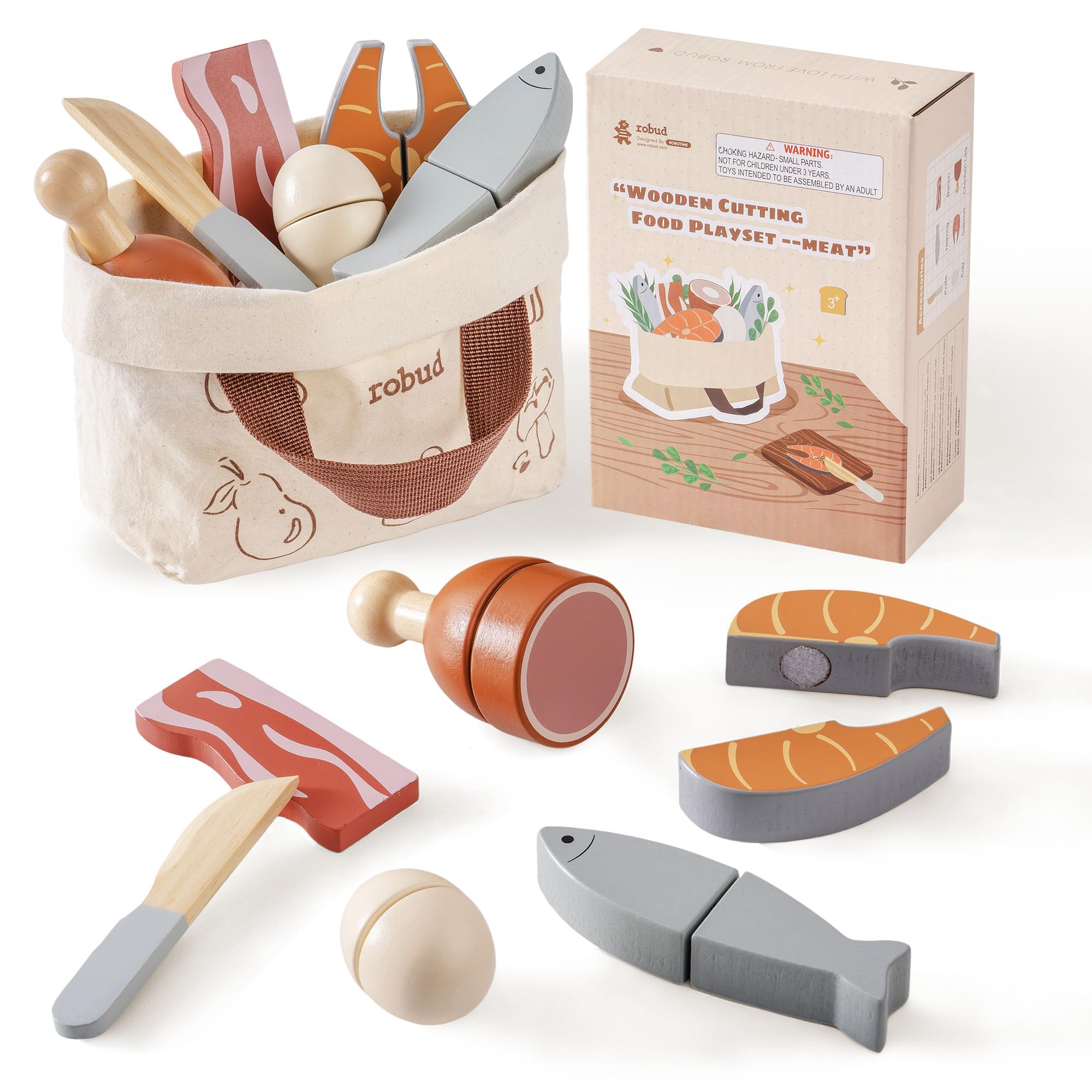 ROBUD Wooden Play Food Set, Cutting Toy Food for Pretend Kids Play Kitchen Accessories Toy Food with Storage Bag, Toys Gifts for 3+ Year Old Girls Boys, Meat Set