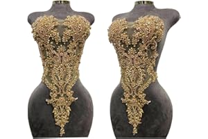 ARTISTRYXB Handmade Rhinestones Lace Bodice Applique Sew on Beads Sequins Trimming Patches for Dress Clothing Accessories 1Pcs/Bag (Champagne)