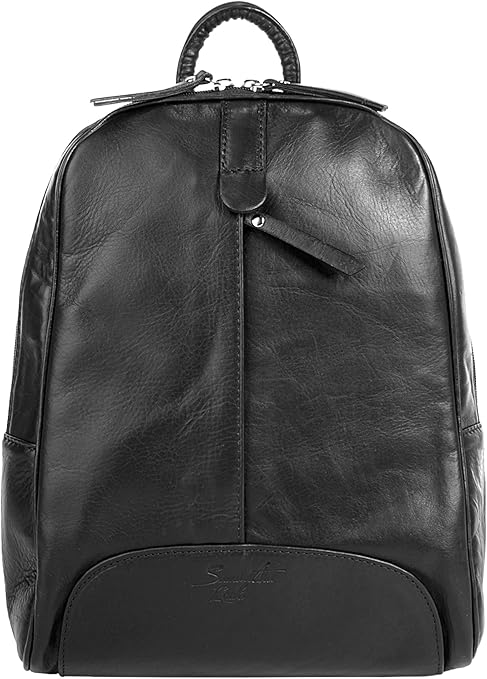 black leather look backpack women's