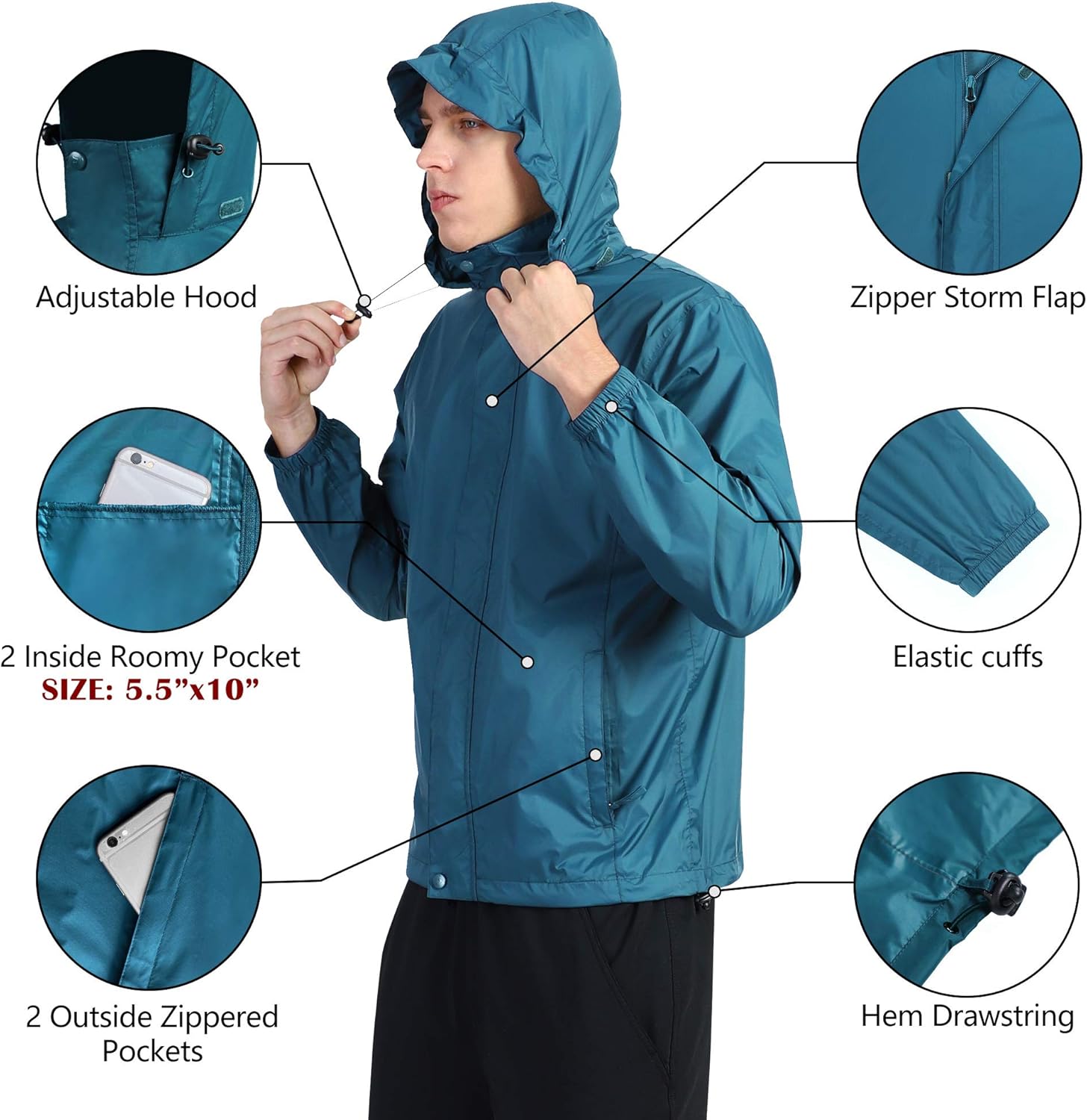 Outdoor Ventures Men's Lightweight Raincoat Packable Rain Jacket Waterproof Raincoat with Hood Active Outdoor Windbreaker: Clothing