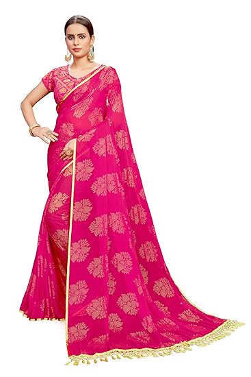 Women's astha Georgette Chiffon Blend Floral Print Saree with Blouse Piece (Pink)