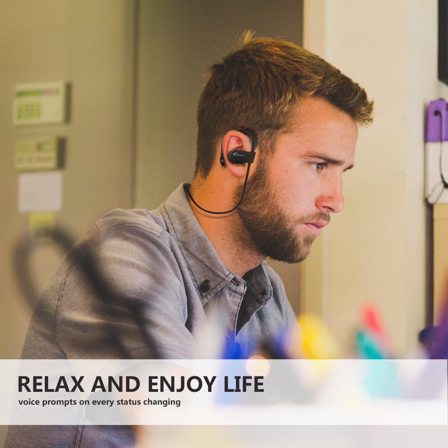 Bluetooth Headphones, Moobom V4.1 Sweatproof Wireless Earphones with APT-X, Secure Ear Hooks, Noise Cancelling with Mic