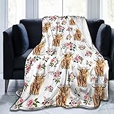 Highland Cow Blanket Cute Flower Animal Cow Throw Print Blanket Soft Flannel Plush Bedding Blankets for Kids Adults Travel Gifts 50"X40"