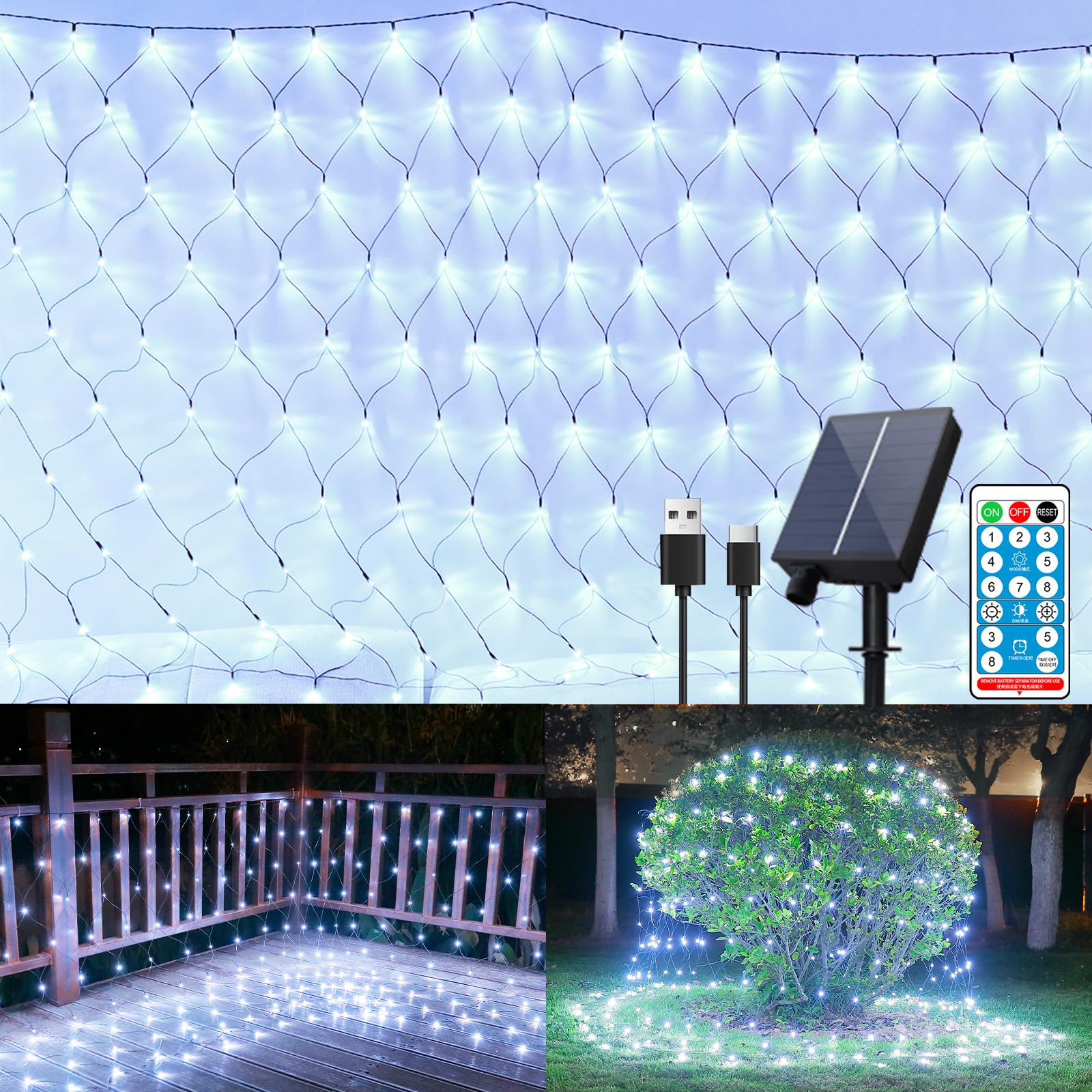 Photo 1 of 11.5ft x 5ft Solar Net Lights Outdoor, Solar & USB 2 Power Way 240 LED Waterproof Mesh Lights for Bushes, Remote Control 8 Modes String Light Trees Patio Garden Christmas Indoor Decor (Cool White)